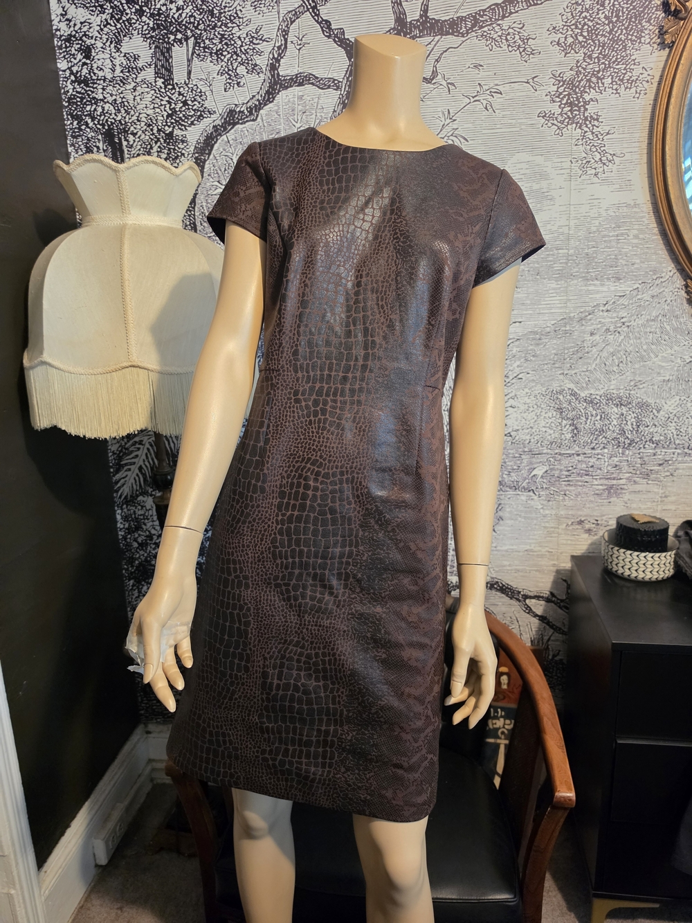 Chico's Brown Crocodile Embossed Cap Sleeve Dress